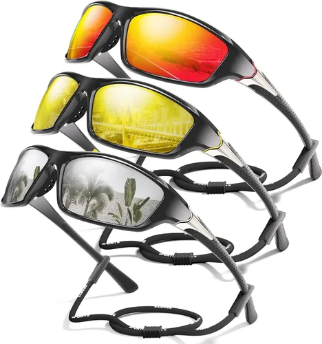 Miniatura 43 de Paquete de 3 lentes de sol deportivos polarizados para hombres, gafas de sol masculinas envolventes con protección UV para ciclismo, pesca