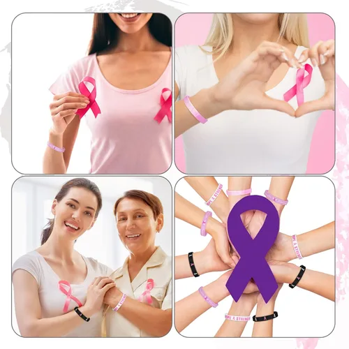 Miniatura 6 de Minatee 100 pulseras de concientización sobre el cáncer de mama, pulseras de silicona con cinta rosa con esperanza, fe, fuerza, coraje, apoyo