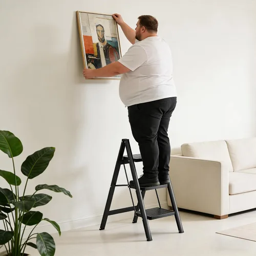 Miniatura 8 de Escalera plegable de 3 escalones, resistente taburete pequeño de 330 libras para adultos, escalera de armario con pedales anchos antideslizantes