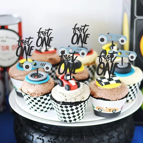 Decoración de madera para cupcakes de coche de carreras, decoración de cumpleaños rápida de una magdalena | Decoración temática de cumpleaños Fast