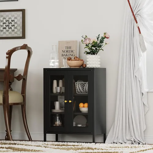 Miniatura 3 de Gabinete de Almacenamiento de Metal para Baño, Gabinete Aparador Negro con Puertas de Vidrio y Estantes Ajustables, Pequeños Gabinetes de Metal