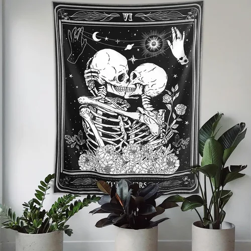Miniatura 5 de KJHL The Lovers - Tapiz de calavera para colgar en la pared, tapiz gótico negro de bruja, tapiz de esqueleto vertical oscuro, tapices estéticos