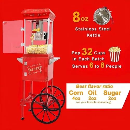 Miniatura 3 de Máquina de palomitas de maíz con carrito y ruedas de 8 onzas, máquina de maíz con hervidor de acero inoxidable, máquina para hacer palomitas de maíz