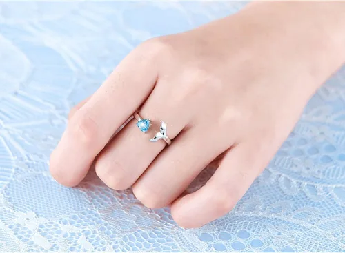 Miniatura 2 de S925 Sterling Sliver Dolphin Mermaid Tail Ring Love Heart Blue Cubic Zirconia Open Ring,7#