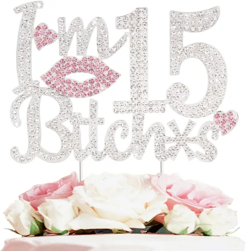 Miniatura 30 de ¡Soy el topper de pastel de cumpleaños número 15 divertido en oro y rosa con strass - ¡Feliz cumpleaños número 15, saludos a los quince años!