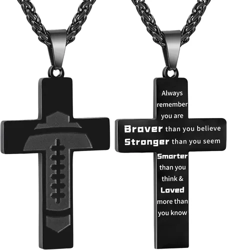 Collar de cruz de fútbol para niños y hombres, colgante de versículo de la Biblia de acero inoxidable con cadena de 20 + 2 pulgadas, primera
