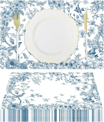 50 paquetes de manteles de papel con diseño de flores y pájaros, desechables, azules y blancos, manteles de papel floral de 11 x 17 pulgadas,