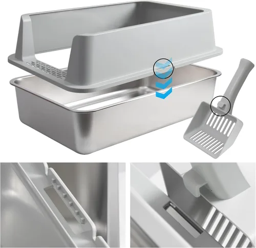 Miniatura 7 de Caja de arena de acero inoxidable con tapa, caja de arena de metal XL, cajas de arena para gatos antifugas de orina, extra grande para gatos