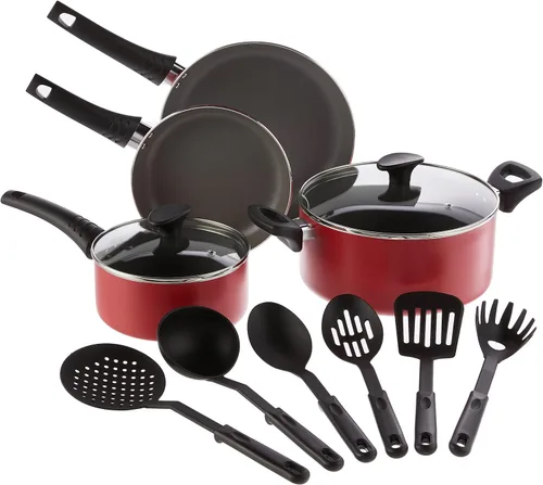 BELLA Juego de utensilios de cocina, ollas y sartenes con utensilios, superficie de cocción antiadherente sin PFOA resistente a los arañazos Rojo