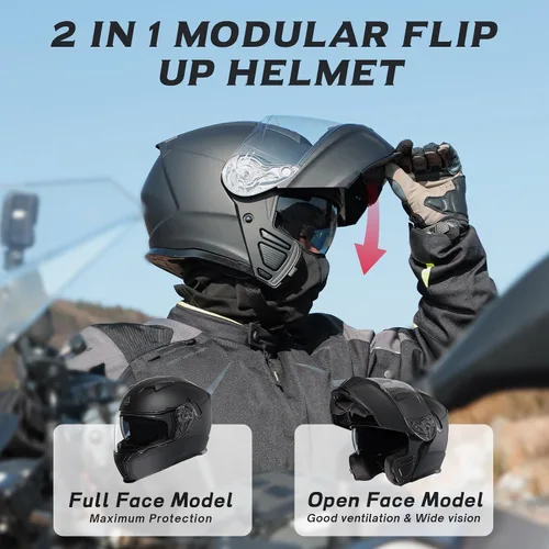 Miniatura 2 de TRIANGLE Cascos de motocicleta modulares para hombres con visera completa abatible, visera doble con protector solar interno, aprobado por DOT