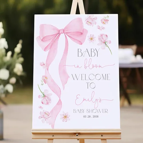 Miniatura 2 de Letrero de bienvenida personalizado con lazo rosa, editable imprimible para fiesta de bebé, letrero de baby shower con lazo rosa #4 Baby Shower #4