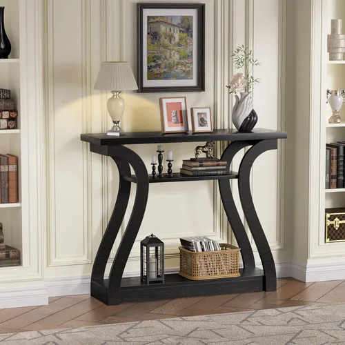 Miniatura 3 de Mesa consola de madera con patas curvadas y estante, mesa de sofá moderna de 3 niveles para zona de entrada, sala de estar, pasillo, 47 pulgadas