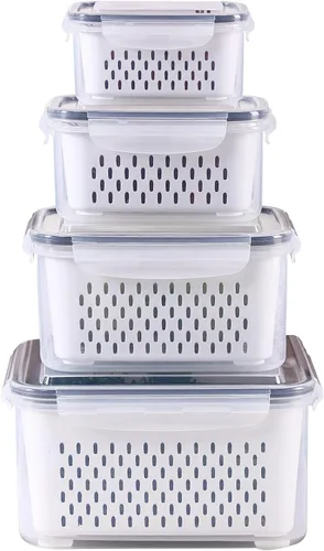 Miniatura 11 de Juego de 3 recipientes de almacenamiento de alimentos para refrigerador con tapas con colador, recipientes de almacenamiento de frutas y verduras