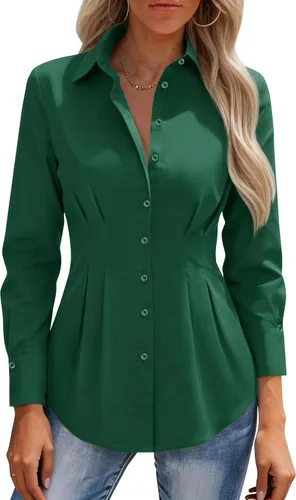 Miniatura 18 de siliteelon Camisas con botones para mujer, cintura ceñida, camisa de vestir de algodón de manga larga para negocios, casual, trabajo, oficina