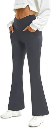 FireSwan Leggings acampanados cruzados para mujer con bolsillos, corte de bota, cintura alta, pantalones de yoga con control de abdomen, pantalones