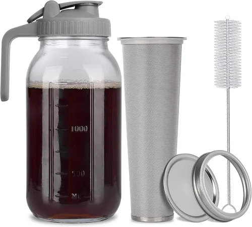 Cafetera helada en tarro de cerveza fría, vidrio duradero, 64 onzas (2 cuartos de galón/1.9 litros), con asa y filtro de acero inoxidable para café