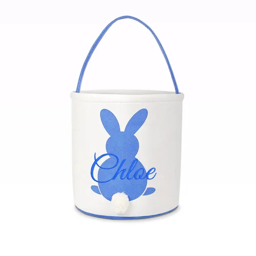 Cesta de lona de Pascua personalizada con asa, cubo de huevo y conejo, color azul