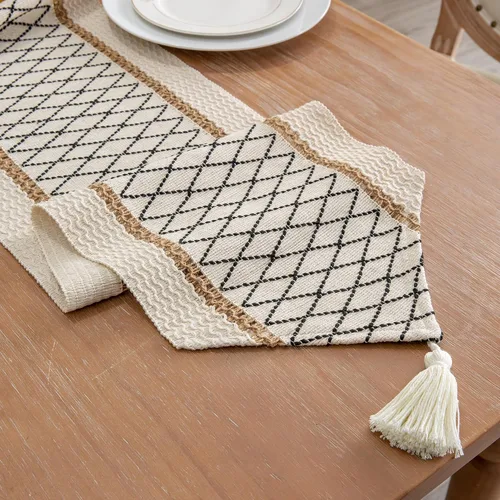 Miniatura 2 de Camino de mesa, estilo bohemio con borlas, algodón y lino, decoración del hogar de estilo granja para sala de estar, cubrecómodas