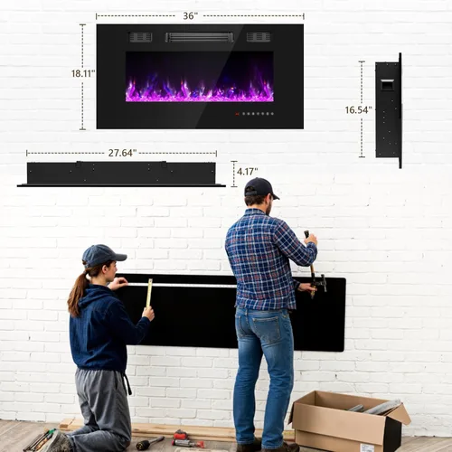 Miniatura 2 de Chimenea eléctrica de 36 pulgadas con cristal, inserto de chimeneas eléctricas, chimenea montada en la pared/empotrada con control remoto, llama