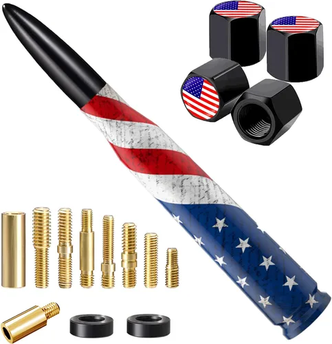 Antena de bala para coche y camión con bandera americana con tapas de válvula, mástil de antena universal para GM Chevy Silverado 1500 2500 3500 HD