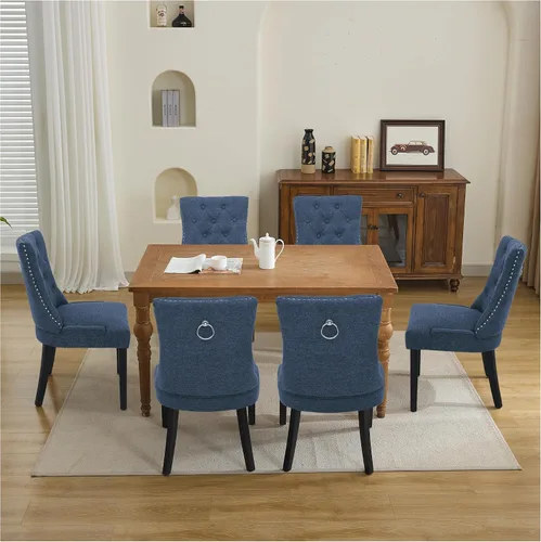 Miniatura 6 de Juego de 4 sillas de comedor tapizadas y capitonadas, sillas de tela para el costado del comedor con borde de anillo de clavos, patas de madera Azul