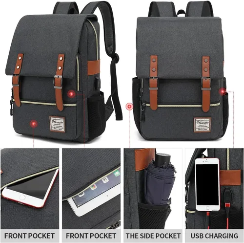 Miniatura 2 de Mancio Mochila vintage delgada para laptop para mujeres y hombres, bolsa universitaria de negocios resistente a desgarros con puerto de carga USB