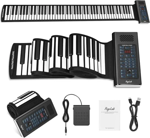 Miniatura 11 de POGOLAB Piano de teclado enrollable de 49 teclas, teclado plegable eléctrico digital portátil, recargable, 8 tonos, 6 canciones de demostración Arco