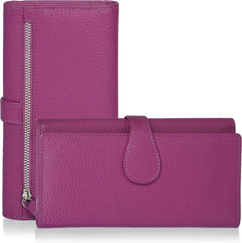Miniatura 11 de Cartera de cuero genuino para mujer de cuero con bloqueo RFID - Tarjetero triple de diseñador para damas tipo clutch con ventana de identificación