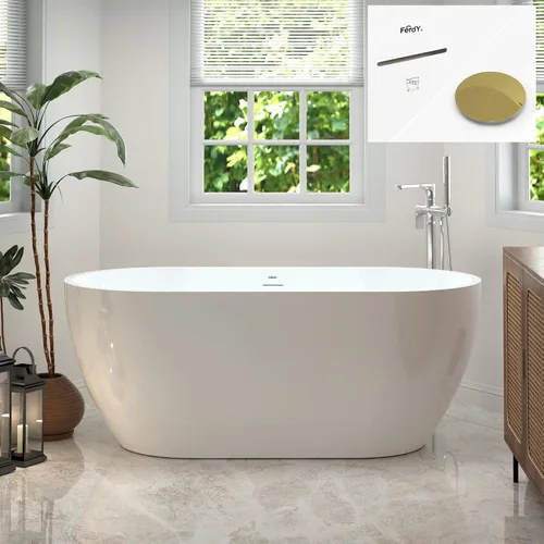 Miniatura 14 de FerdY 59" Bañera de acrílico independiente Bali Elite, bañera independiente de inmersión con forma elegante, certificada cUPC, desagüe negro Toe-Tap