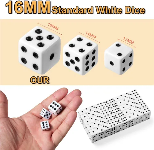 Miniatura 2 de Juego de dados de 100 piezas, dados blancos estándar de 0.63 pulgadas, dados opacos de seis caras con bolsa, dados blancos a granel de puntos negros