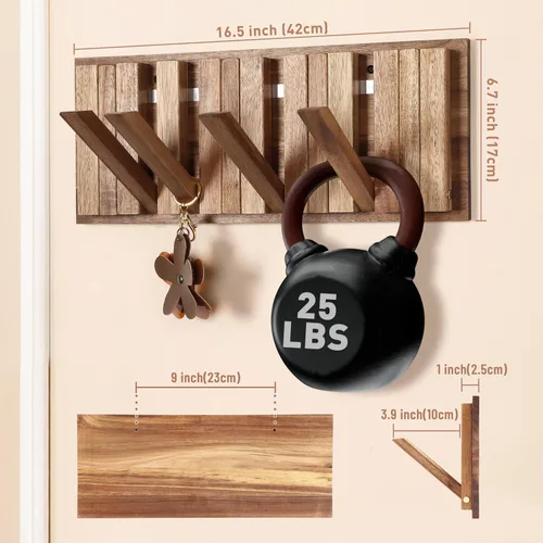 Miniatura 3 de Perchero de pared para entrada: Plegable rústico de madera con 8 ganchos, montaje de 16.5 pulgadas, elegante colgador de piano para pasillo
