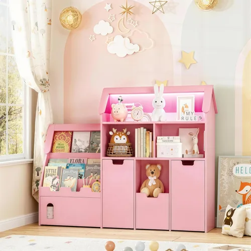 Vabches Organizador de almacenamiento de juguetes de 70 pulgadas, estantería para niños en forma de castillo con 2 cajones extraíbles, 2 gabinetes,