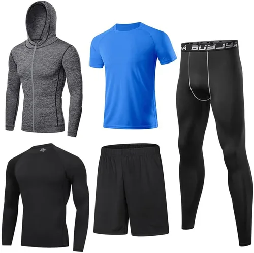BUYJYA Pantalones de compresión para hombre, camisa de manga larga, conjuntos atléticos, ropa de gimnasio, entrenamiento, 5 uds