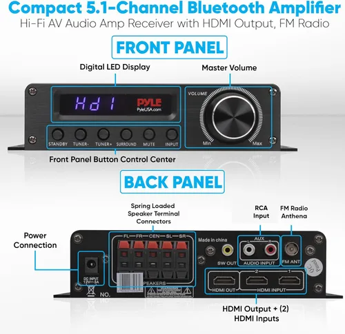 Miniatura 3 de Amplificador de audio inalámbrico Pyle Bluetooth para el hogar - Receptor estéreo de potencia para cine en casa de 100 W, 5.1 canales, sonido