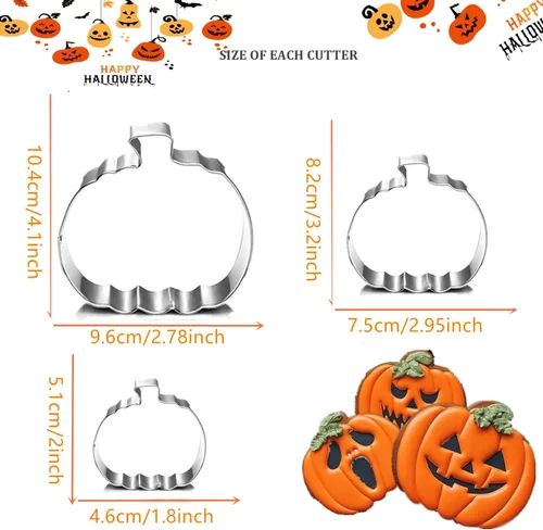 Miniatura 2 de Juego de cortadores de galletas de calabaza, 4 pulgadas, 3.22 pulgadas, 2 pulgadas, cortadores de galletas grandes para otoño, Halloween, Acción