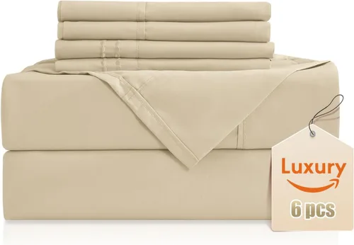 Miniatura 61 de CozySmile Juego de sábanas transpirables y refrescantes, sábanas de lujo de 4 piezas con bolsillo profundo para cama de tamaño matrimonial, se Beige