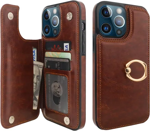 Miniatura 25 de ONETOP Funda tipo cartera para iPhone 13 Pro Max con soporte para tarjetas, anillo de rotación de 360°, función atril, bloqueo RFID, piel sintética