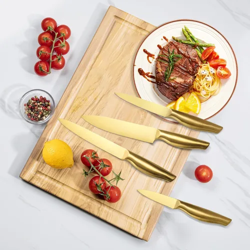 Miniatura 6 de Juego de cuchillos dorados, 8 piezas con revestimiento de titanio dorado apto para lavavajillas, juego de cuchillos de cocina de acero inoxidable