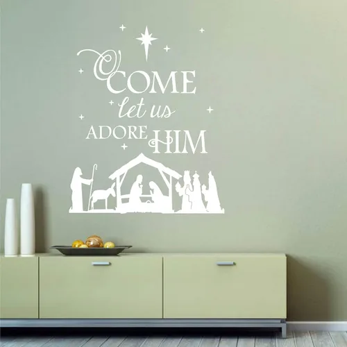 Miniatura 4 de Vinilo adhesivo de pared con texto en inglés "Come Let Us Adore Him with Nativity", para sala de estar, dormitorio, Navidad, versículo bíblico, Negro