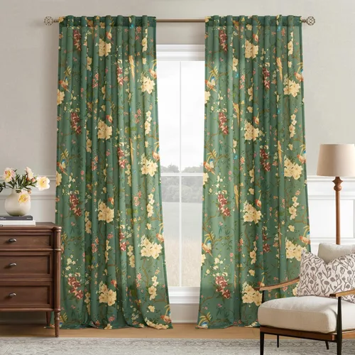 Miniatura 43 de Cortinas de lino florales azules y amarillas, estilo vintage, bohemio, de 63 pulgadas, 2 paneles con pestaña trasera para sala de estar