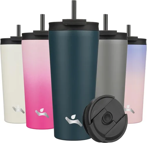Miniatura 17 de Konokyo Vaso aislado de 18 onzas con tapa y 2 pajillas, botella de agua de acero inoxidable, taza de viaje al vacío, taza de café, color blanco ángel