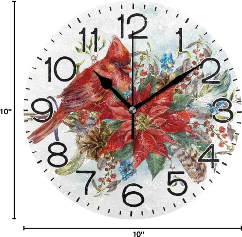 Miniatura 9 de Reloj de pared con diseño de flor de pascua de Navidad y pájaro de invierno, funciona con pilas, sin tictac, silencioso, de cuarzo, analógico, Flor
