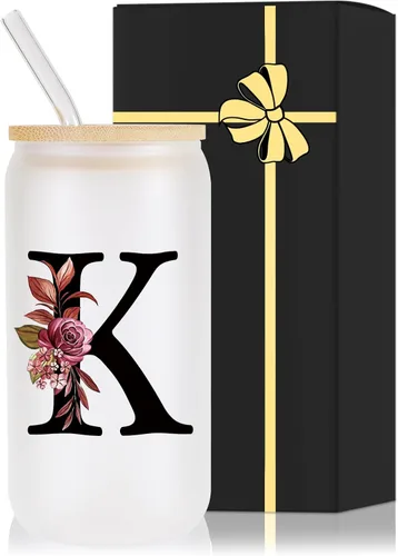 Miniatura 10 de Vaso de vidrio con monograma con tapa de bambú, popote personalizado, vaso de café helado de 16 onzas, tarro transparente de masón, cerveza, agua