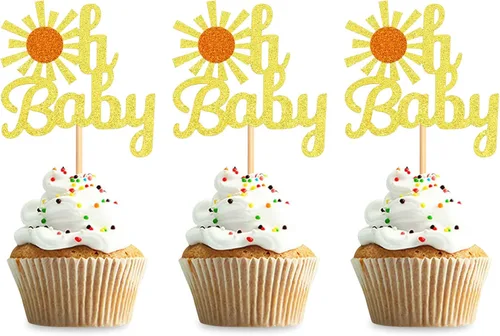 Miniatura 11 de 24 adornos dorados con purpurina para cupcakes con texto en inglés "You are My Sunshine", para baby shower, baby shower, revelación de género