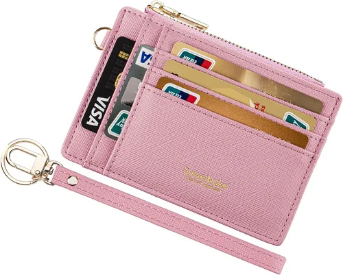 Miniatura 9 de Cartera delgada para mujer con bloqueo RFID para tarjetas de crédito, porta tarjetas tipo pulsera con cremallera para identificación, cartera