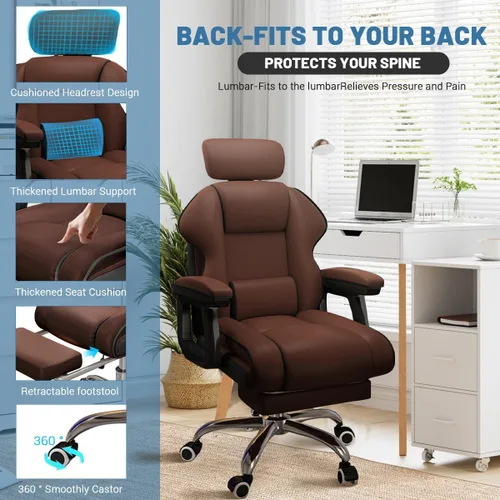 Miniatura 4 de Silla ejecutiva para computadora, silla de escritorio para oficina en casa, ángulo ajustable, ergonómica, de altura ajustable, sillas de piel Marrón