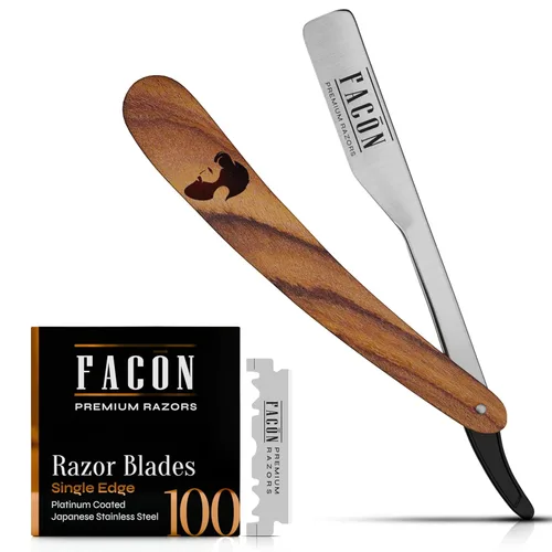 Facón Navajas rectas para hombres - Kit de navaja de barbero profesional de borde recto con 100 cuchillas, afeitadora de acero inoxidable de madera