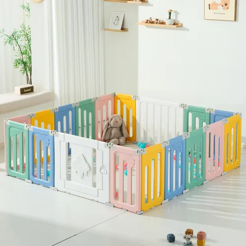 Miniatura 13 de Bestgame - Corralito para bebés - 14 paneles extragrandes plegables para niños pequeños, valla portátil en forma de OVNI, puerta, patio - Azul