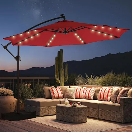HOMSHADE Paraguas de patio voladizo con luces solares de 10 pies, con luz y base, luz LED, para colgar en el patio, sombrilla de mercado al aire Rojo