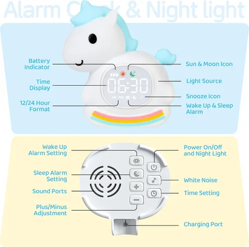 Miniatura 9 de Yiliaw Reloj despertador para niños con luz nocturna, reloj de entrenamiento para dormir, reloj de hora de despertar, luz de silicona recargable
